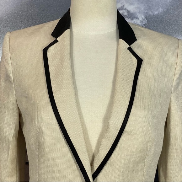EUC Mango MNG Tan W/ Black Trim Linen Blend One Button Blazer Jacket Sz 6 - Picture 2 of 10